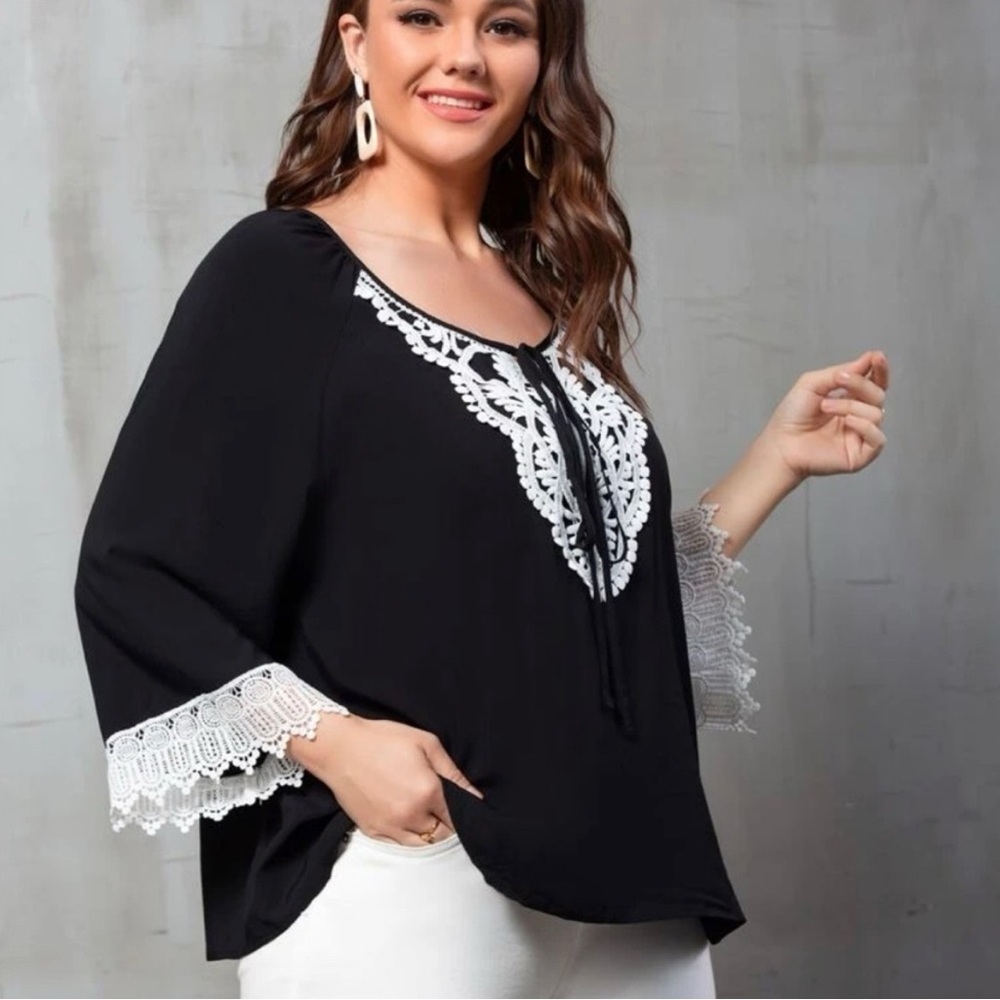 SHEIN Black Tie Front Flutter Sleeve Blouse - Picture 2 of 7